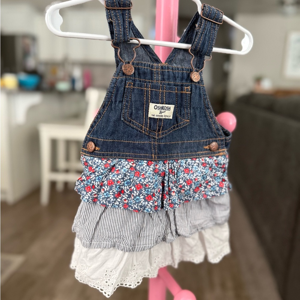 Vintage OshKosh B'gosh Denim Floral Tiered Girls Overall Dress - Blue 12 Months